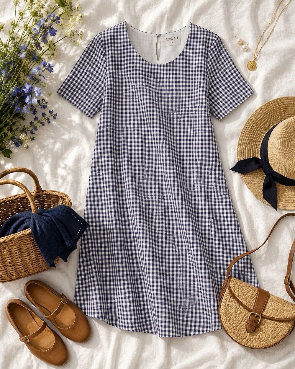 Compania Fantastica Navy Gingham Shift Dress S
